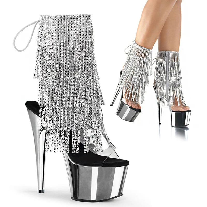 Transparent Crystal Platform Thin Heel Black 17 cm Lace up Pole Dance High-heeled Fish Mouth Sandals 7 Inch Tassels High Heels