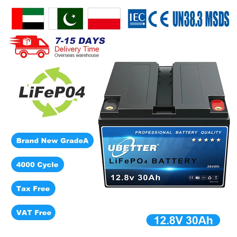 Dubai Stock 12.8V 30AH LiFePO4 Solar Battery Pack for RV Boat Golf Cart-Rechargeable CE Certified BMS Protection 2000-4000 Cycle