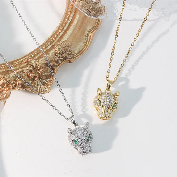 Hot Sale New Fashion Jewelry Titanium Steel Bling Pendant Necklace Zircon Leopard Head Necklace