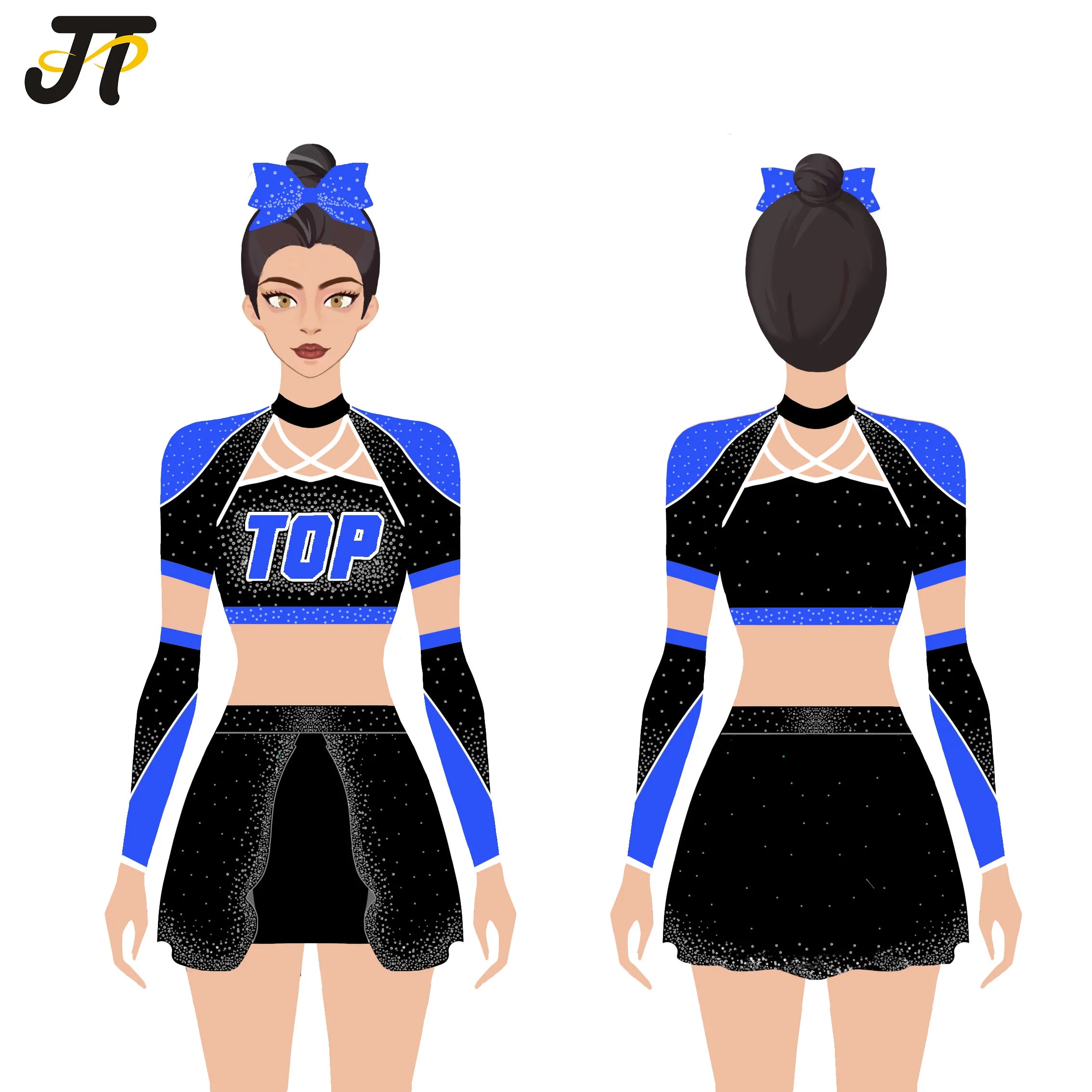 OEM Custom Girls' Youth Cheerleader Costume Heat-Transfer Printed Rhinestone Spandex/Polyester Material Uniform Skirt 220g