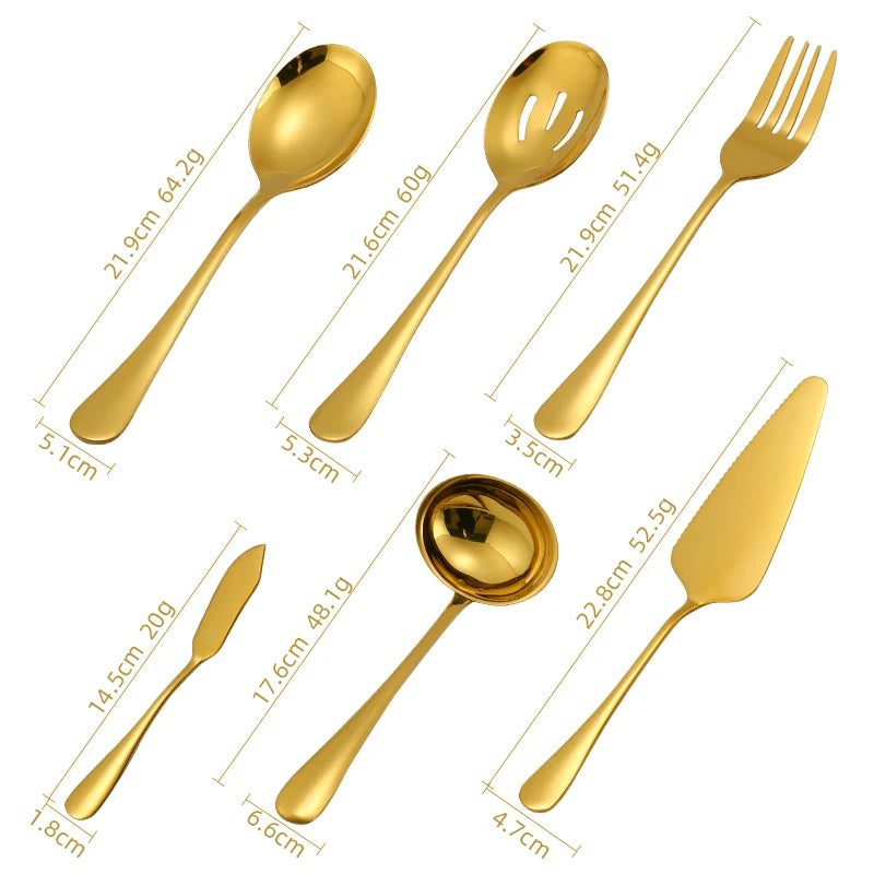 Gold 6-Piece Serving Flatware Set Hostess Stainless Steel Serving Set with Large Spoon Fork Butter Knife Slotted Spoon Ladle