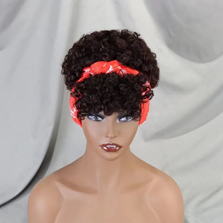 Cheap 100 Human Hair Wigs Glueless Full Machine Made Brown Color No Lace Short Pixie Cut Burmese Curly Hair Headband Wig