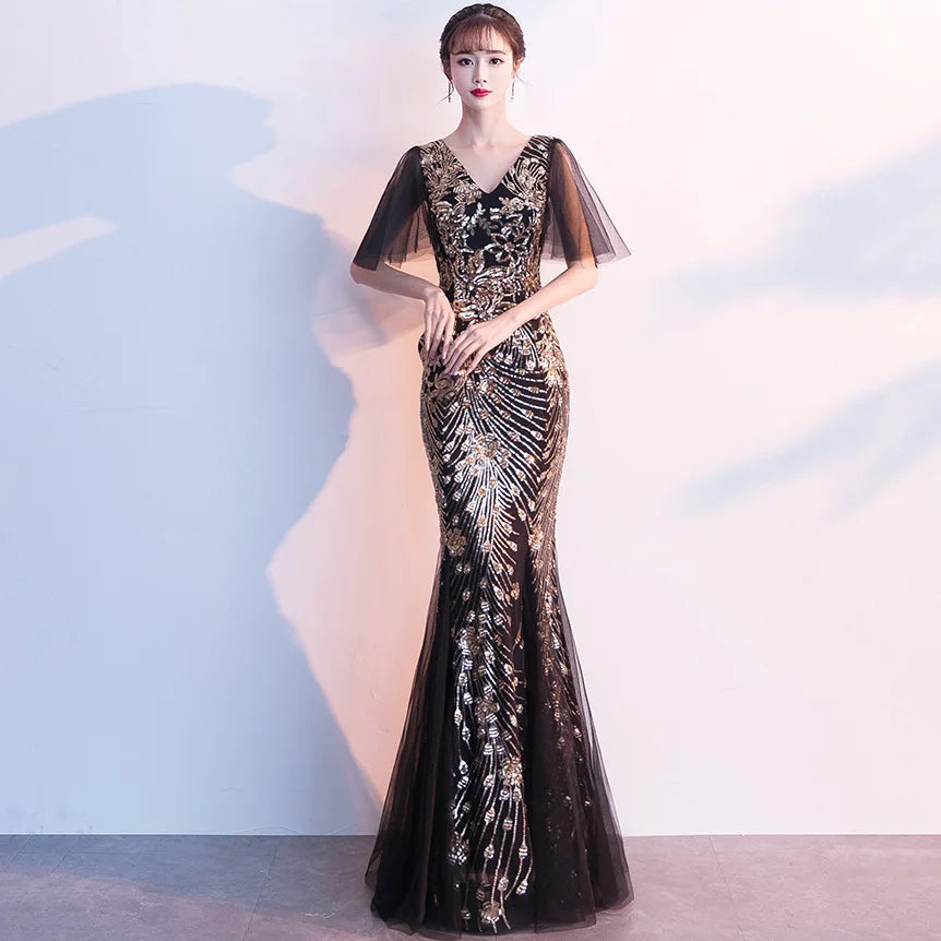 16272# Golden Evening Gown Ladies Banquet Long Sequin Host Slim-fit Fishtail Dress