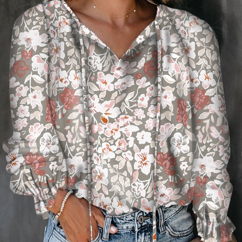 European and American Women's 2023 Autumn and Winter New Floral Print Shirt V-Neck Long Sleeved T-shirt Top