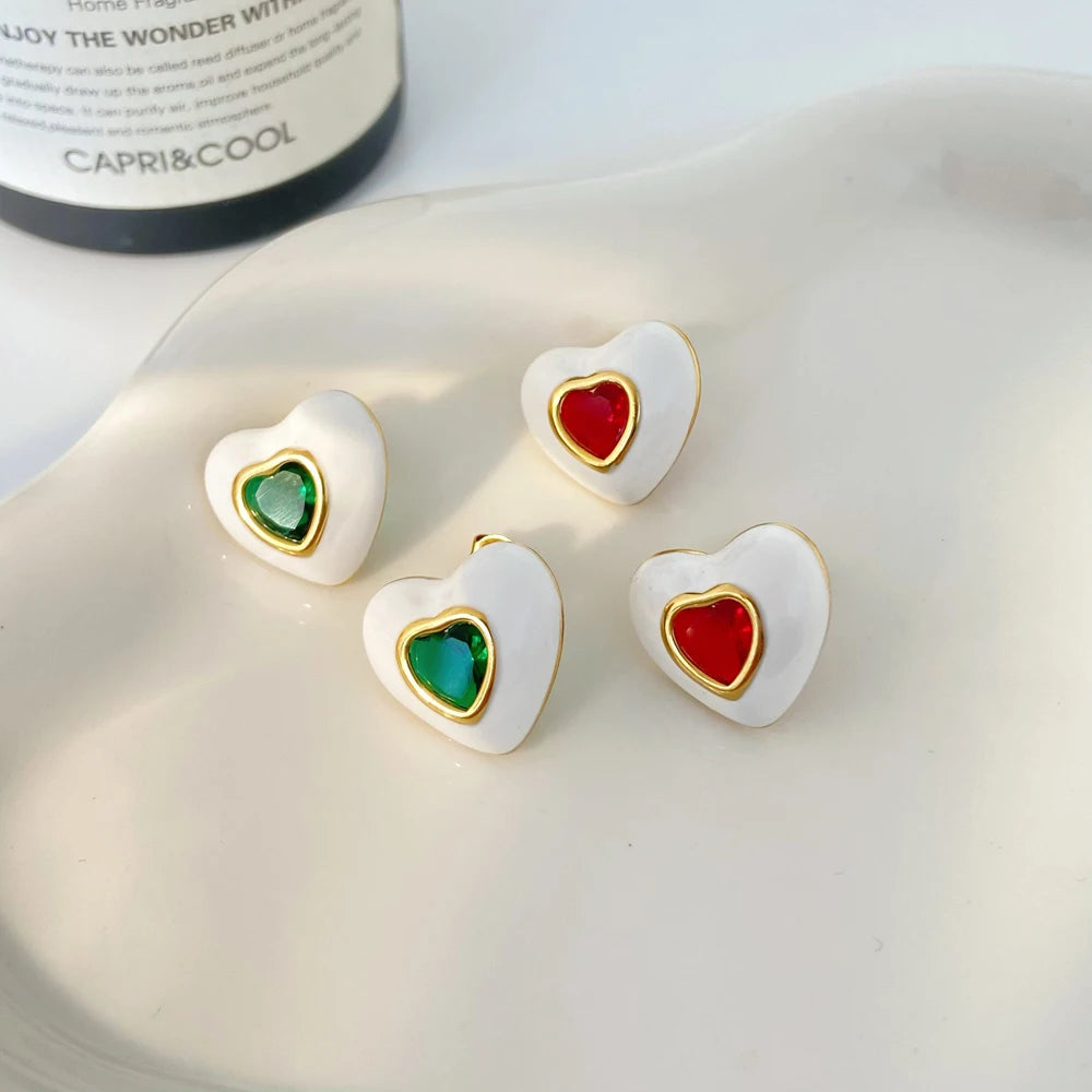White Adhesive Heart Earrings Joyas De Acero Inoxidable Inlay Zircon Stainless Steel Gold-plated Vintage Earrings for Women
