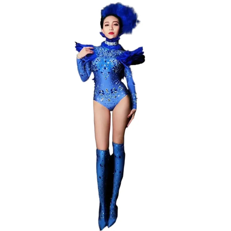 Fashion Blue Rhinestones Feathers Bodysuits + Sock Prom Club Outfit Women Sexy Showgirl Stage Dance Costume Performance Wear