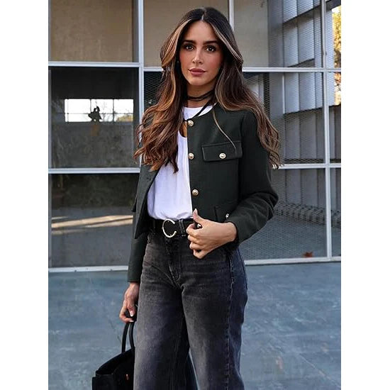 Women's Single Breasted Woven Tweed Yarn Dyed Blazer Jacket Button Closure Autumn Season Casual Outfits Breathable Pockets