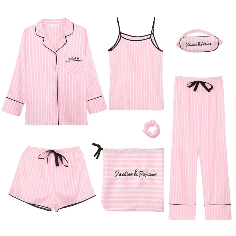 Coldker 7 Pieces Women's Pajamas Sets Faux Silk Striped Pyjama Women's Pajamas Sleepwear Sets Spring Summer Homewear
