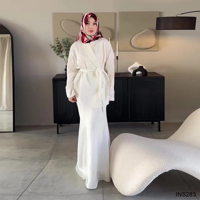 Elegant Modest Muslim 2-Piece Waist Blouse Long Skirt Set Newest Solid White Embroidery 100% Polyester Women Casual Wear Islamic