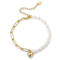 RINNTIN GPB17 Pearl Jewelry 925 Silver Pearl Bracelet Heart Charm Paperclip Chain14K Gold Plated Freshwater Pearl Bracelet