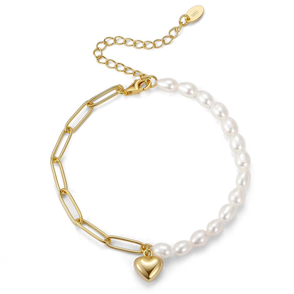 RINNTIN GPB17 Pearl Jewelry 925 Silver Pearl Bracelet Heart Charm Paperclip Chain14K Gold Plated Freshwater Pearl Bracelet