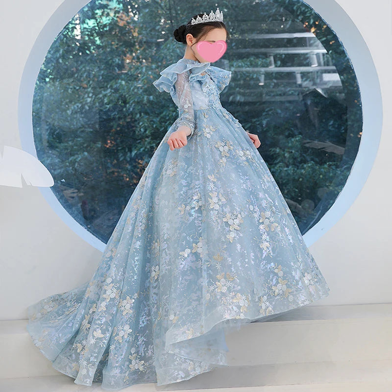 Court Train Boutique Luxury Designer Fashion Embroidery Long Train Formal Party Elegant Dresses Kids Girls Dresses