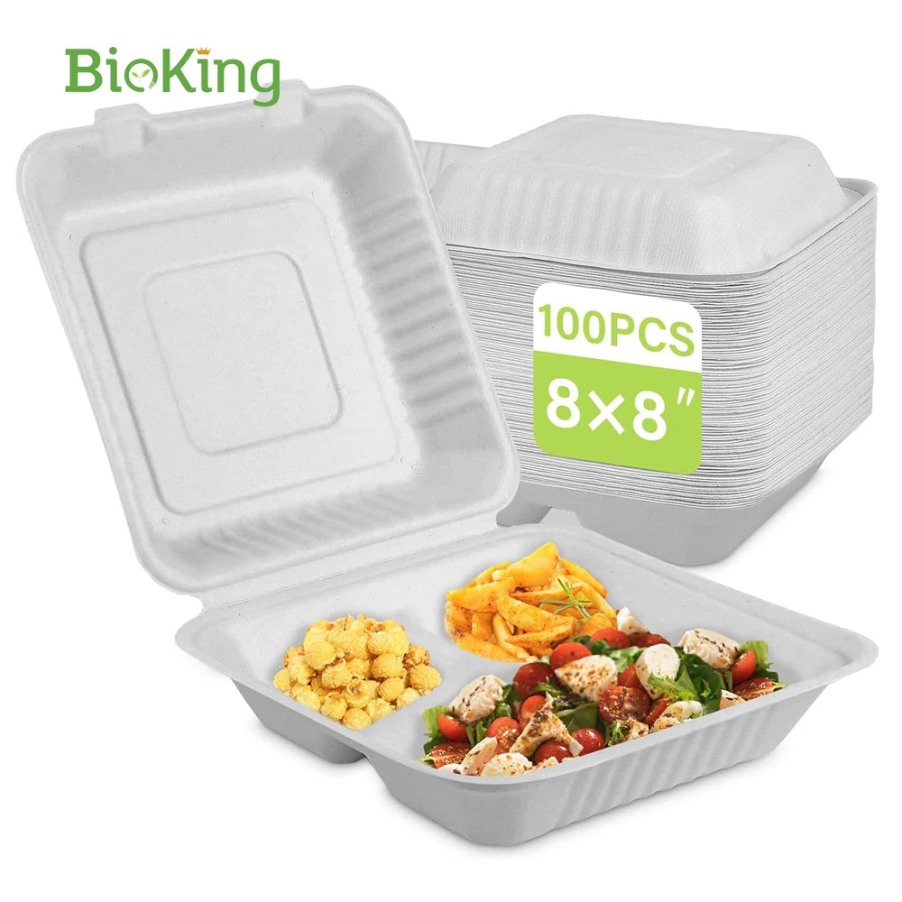 BioKing Biodegradable Disposable Lunch Box 8x8 Sugarcane Bagasse Pulp Clamshell for Takeaway Food DDP Shipping for USA & America