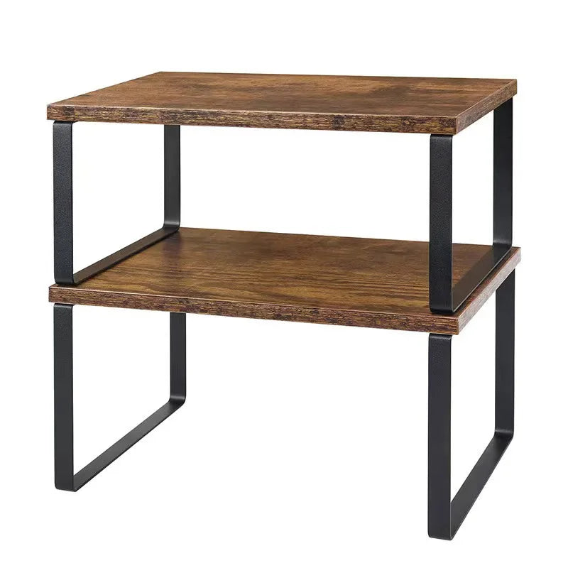 Set of 2 Expandable Small Metal and Bamboo Wood Kitchen Storage Rack Standing Type Spice Shelf for Home Use Cupboard Holder