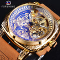 FORSINING GMT1233 Luxury Square Transparent Skeleton Automatic Watch Mechanical  Golden Engraved Case Leather Strap Wrist Watch