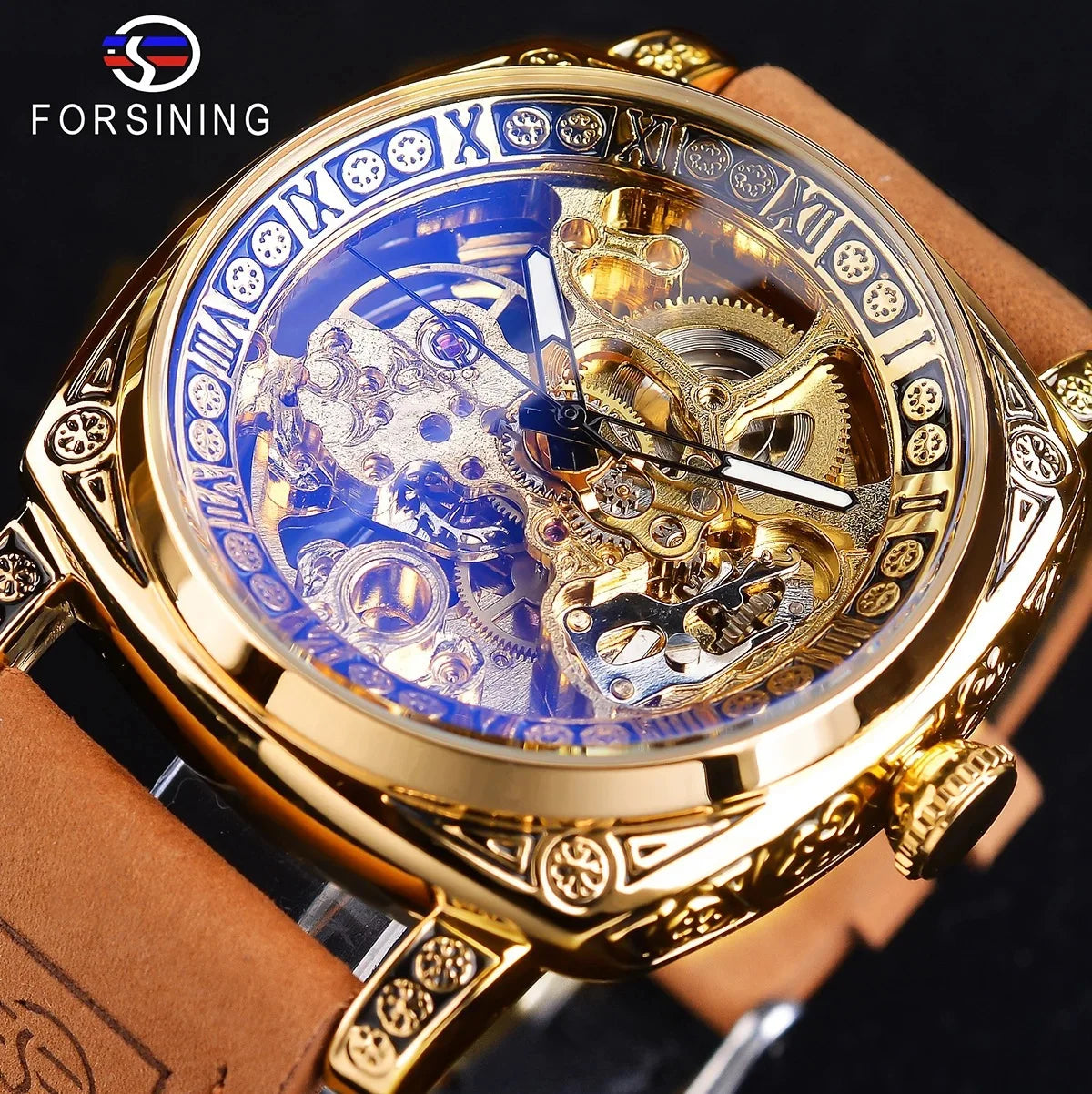 FORSINING GMT1233 Luxury Square Transparent Skeleton Automatic Watch Mechanical  Golden Engraved Case Leather Strap Wrist Watch