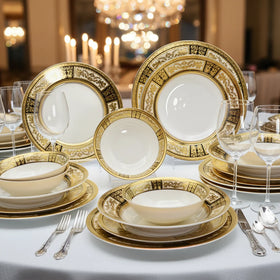 24 Pcs Germany Royal Gold Rim Luxury Elegant Dishwasher Safe Dinnerware Set Bone China Gold Plated Set with Bowl for 6