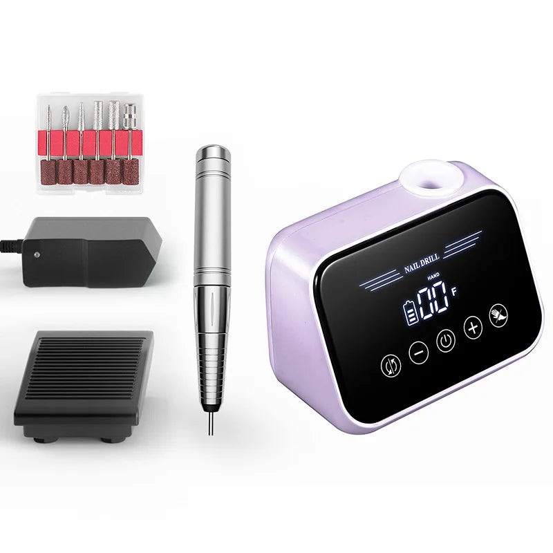 Rechargeable Nail Drill Machine 35000RPM Professional Portable File Low Noise with Touch Control & Foot Pedal for Nail Salon