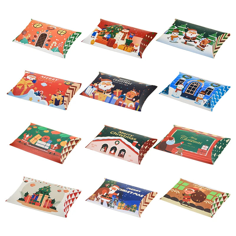 Christmas Pillow Shape Candy Paper Boxes Party Favor Small Boxes Wholesale Multi-design Gift Treat Paper Package Boxes