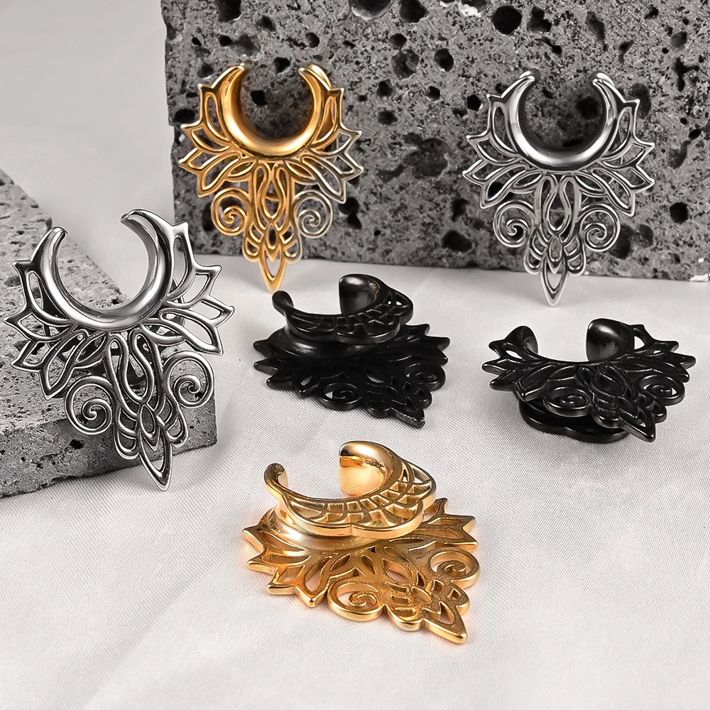 Evorte Jewelry Elegant Hollow Hypoallergenic 316L Stainless Steel 18K Gold Plated Plug Tunnel Ear Saddle Mystic Tiara Ear Hanger