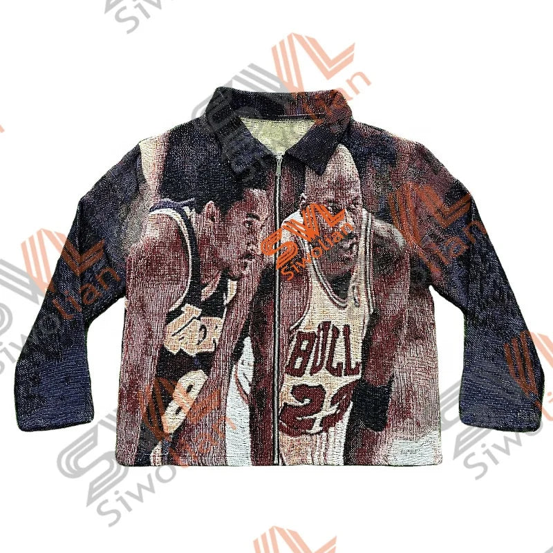 New Men's Tapestry Jacket Men Custom High Street Basketballs Clothing Bomber Wind Oversized Zip up Jacket Man
