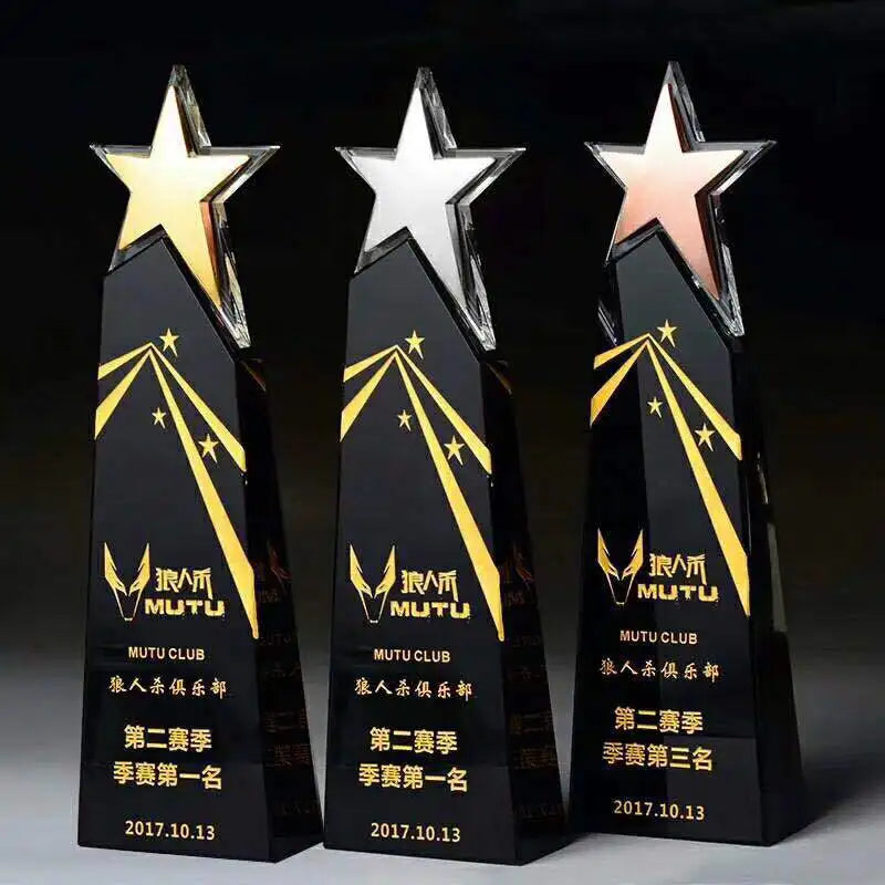 280mm Height Gold Silver Bronze Star Personalized Black Plaque Trophy MH-NJ0251