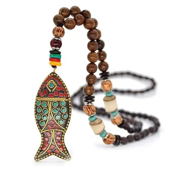 Boho Vintage Long Beaded Wood Handmade Turquoise Fish Shaped Chunky Nepal Necklace