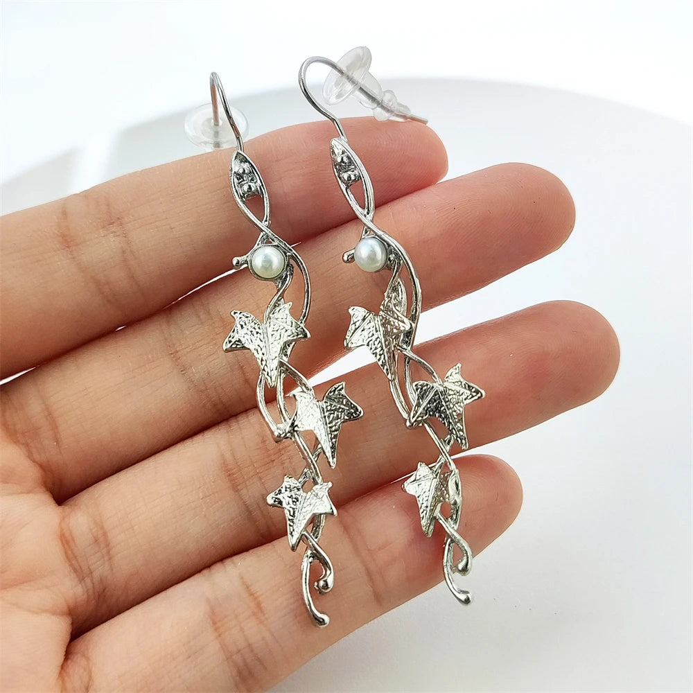 Wholesale Price Silver Leaves Hook Drop Earrings Bohemian Style Freshwater Pearl Inlay Long Jewellery for Women and Girls