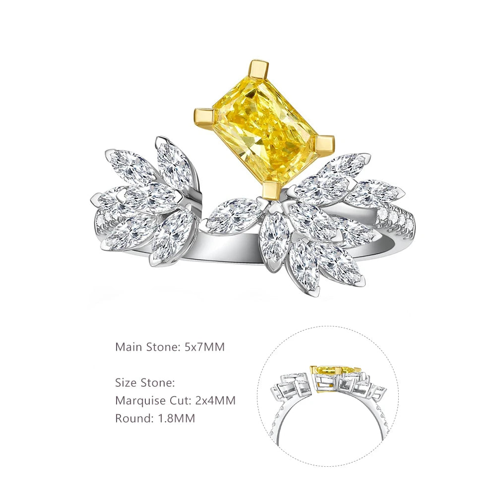 Abiding Bespoke Open Ring Yellow & White Moissanite 925 Sterling Silver Fancy Marquise & Radiant Cut Adjustable Ring for Ladies