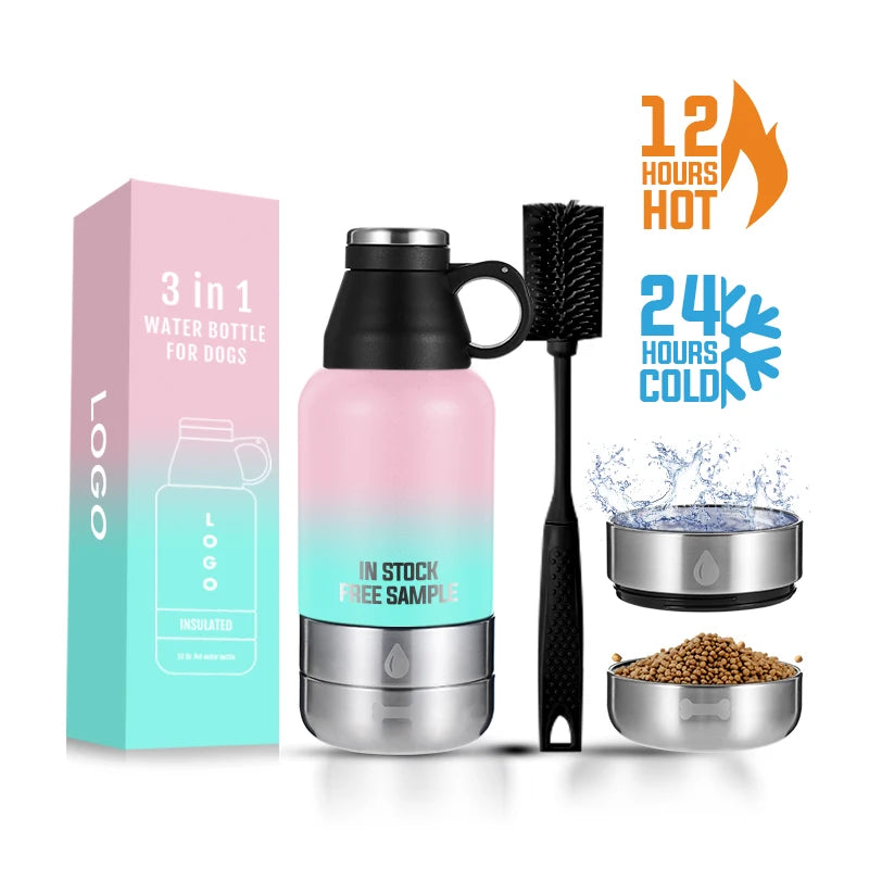 32oz New Design Double Wall Vacuum Insulated Stainless Steel Dog Water Bottle with Storage BottomTravel Dog Water Bottle