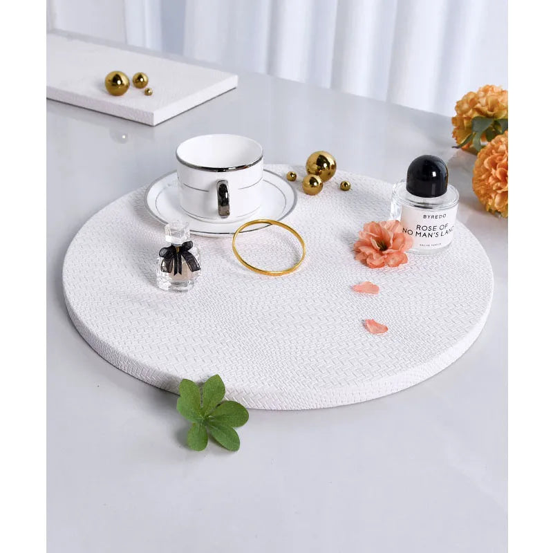 INNOVA Modern Living Room Single Tier Eco-friendly Reusable Round White Wooden Leather Storage Serving Trays for Display