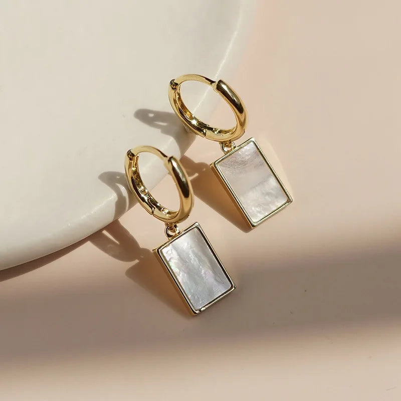 Luxury Gold Plated Cowrie Shell Geometric Huggie Earrings S925 Silver Post Shell Square Hoop Earrings