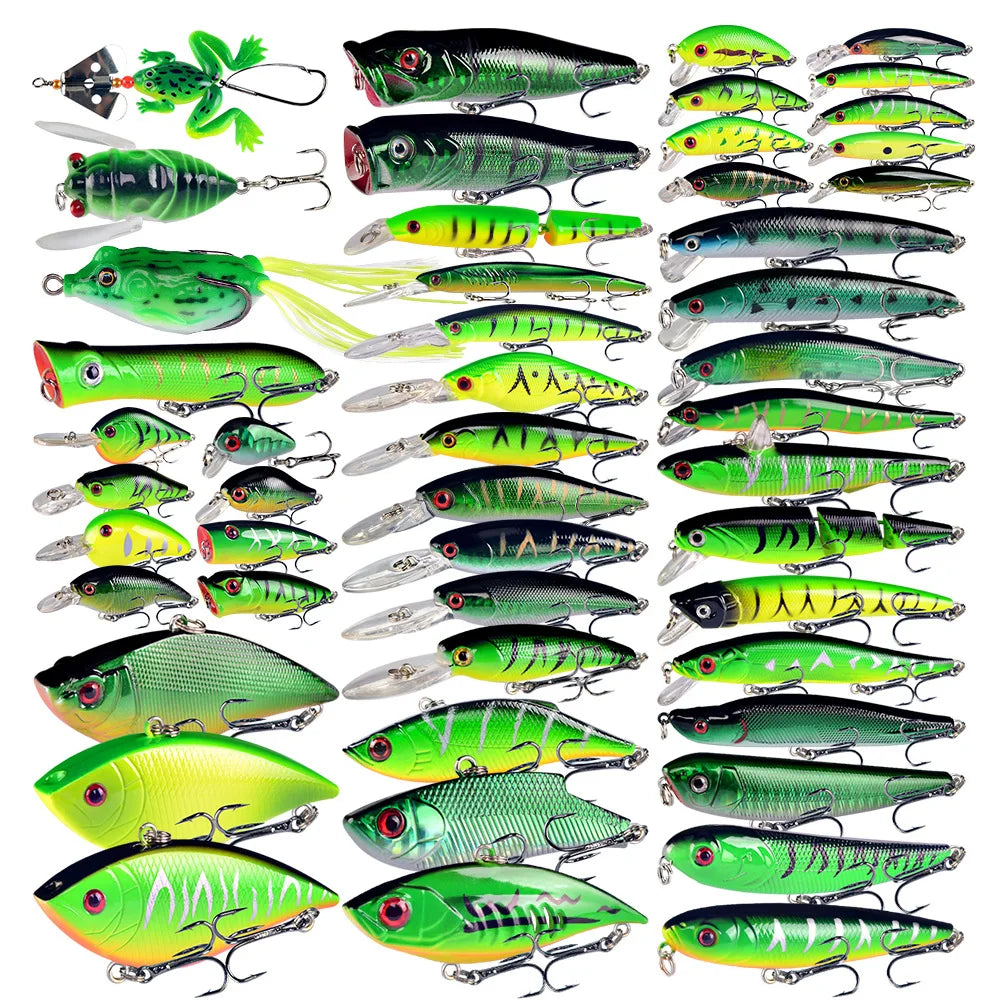50pcs Bass Fishing Lures Kit Set Topwater Hard Baits Minnow Crankbait Pencil VIB Swimbait for Bass Pike Fit Saltwater Freshwater