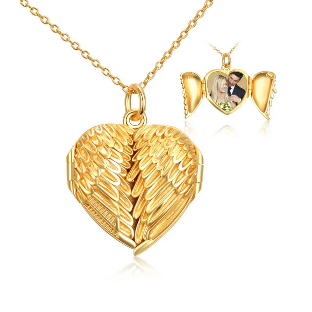 925 Sterling Silver Gold Plated Personalized Angel Wing Heart Photo Locket Necklace