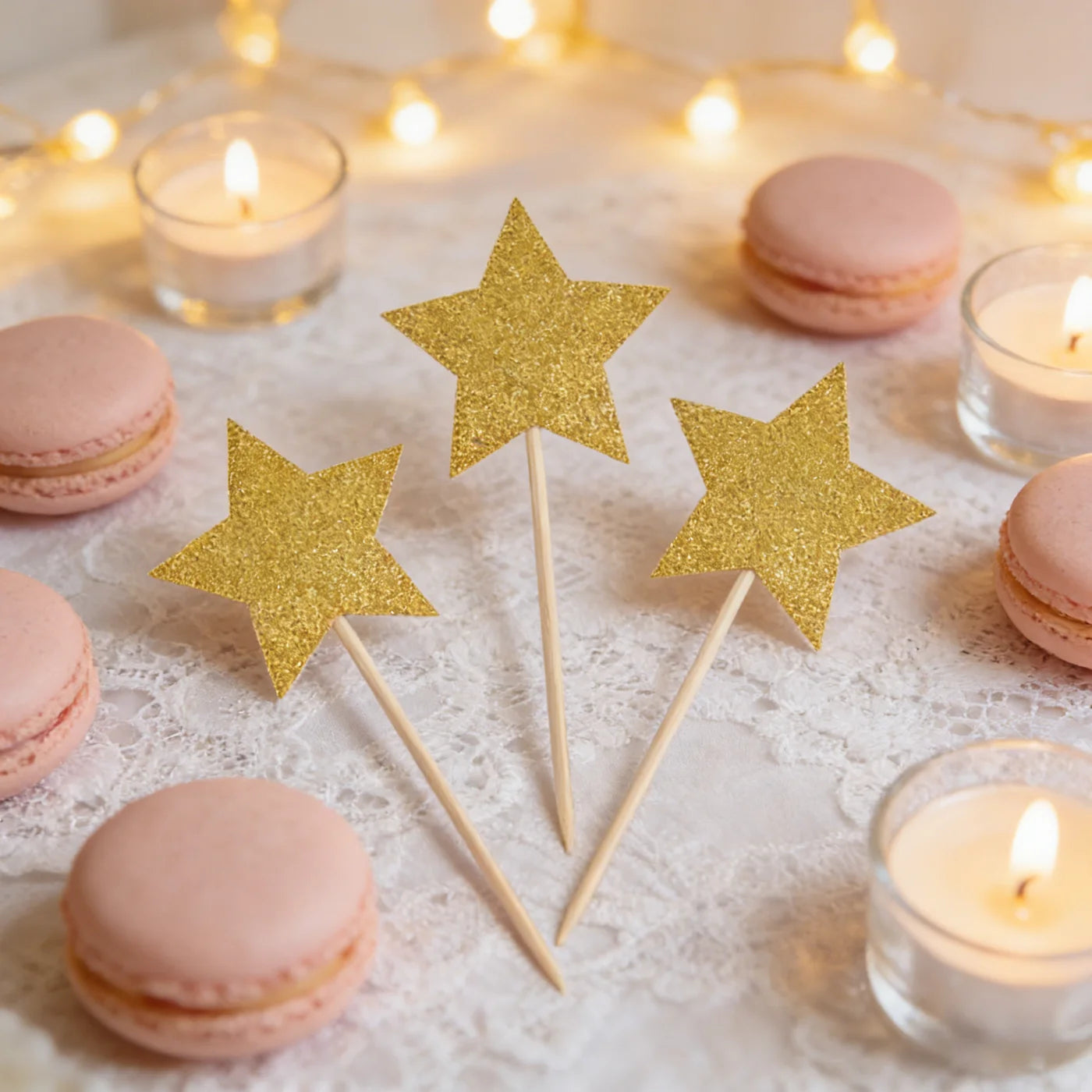 902268-902269 20PCS Golden&Silver Glitter Star Cake Toppers 9cm Food - Grade Cupcake Picks for Birthday Wedding Party Decor