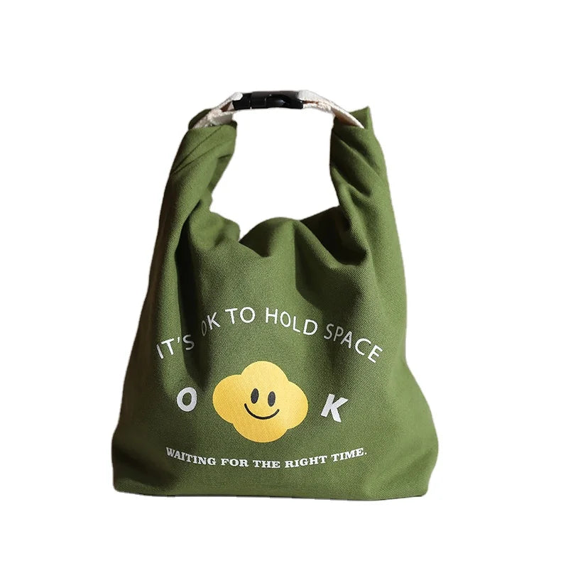 Custom Portable Foldable Cartoon Printed Picnic Travel Bento Cooler Bag  Cotton Canvas Insulated  Lunch Box Bag