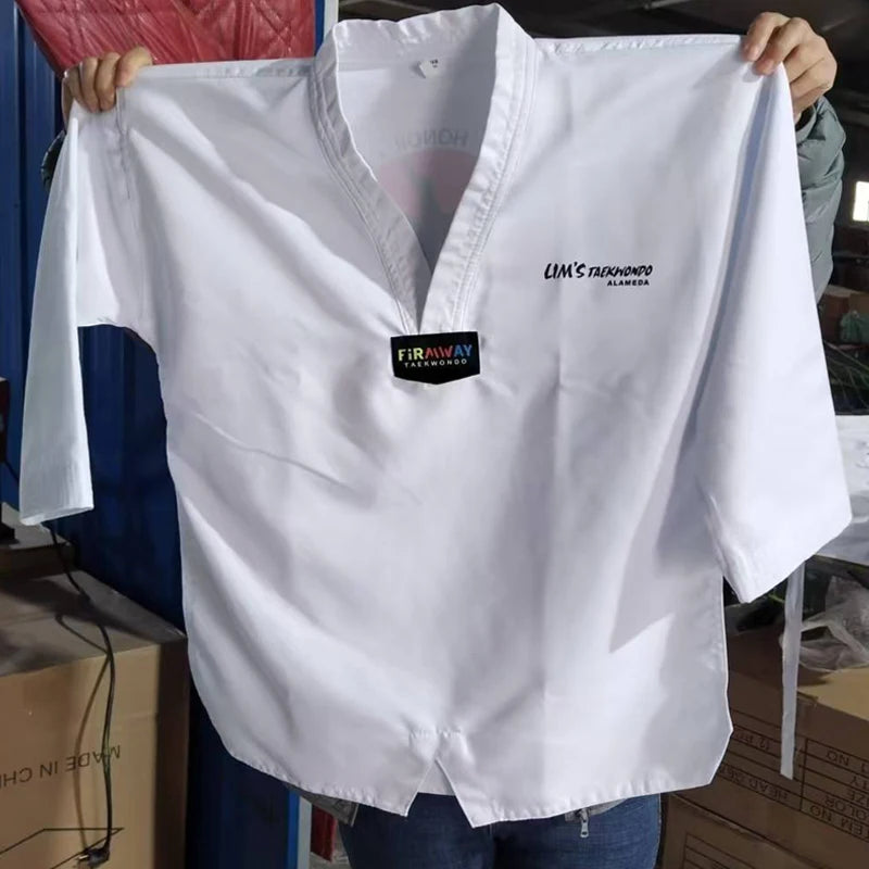 Customized Logo Firmway Unisex White V-Neck Dobok Lightweight Polyester + Cotton Training Uniforms Jiu-Jitsu Karate Martial Arts