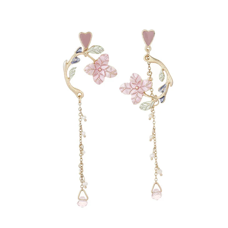 Cheap Price 2021 New Pink Leaves Pendant Flowers Tassel Long Drop Earrings for Women