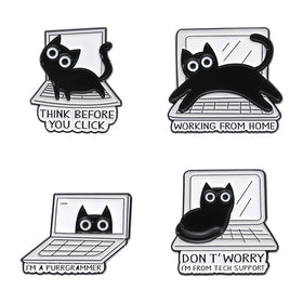 A Black Cat Working on Computer Custom Wholesale Anime Funny Soft Enamel Pins for Hats Bags