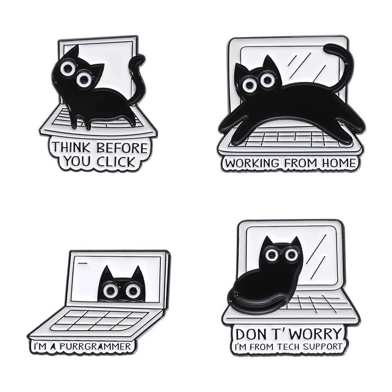 A Black Cat Working on Computer Custom Wholesale Anime Funny Soft Enamel Pins for Hats Bags