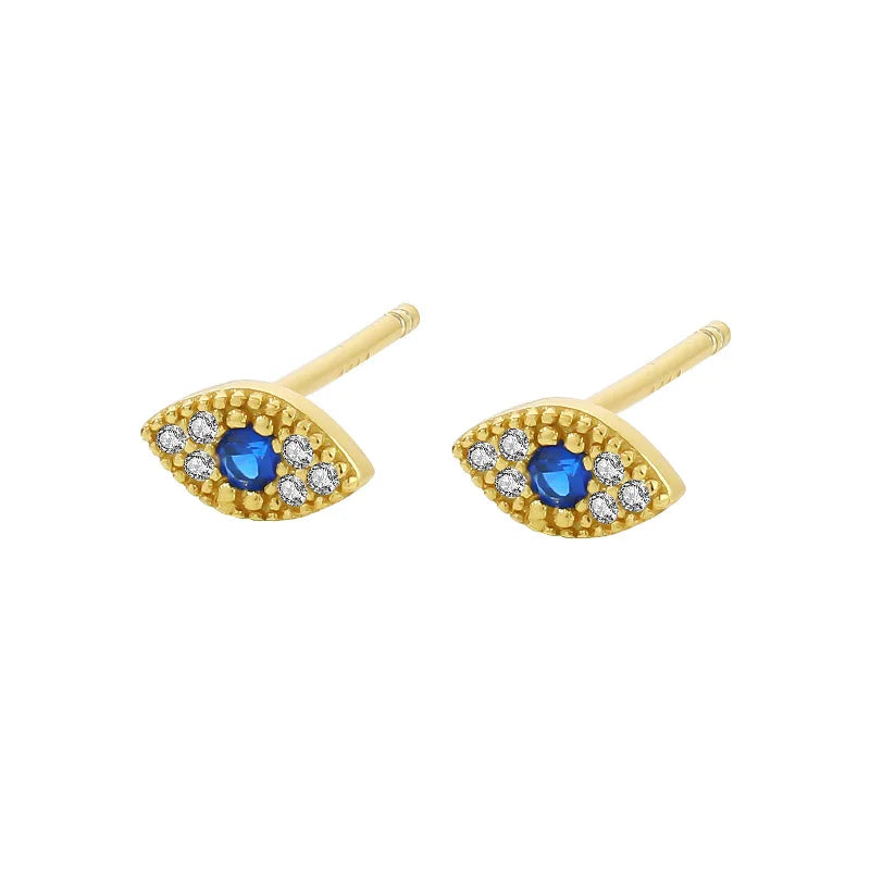 Europe INS Fashion Women Girls Jewelry Pure 925 Sterling Silver Turkish Blue Evil Eye Shape Stud Earrings Gold Plated CZ Zircon