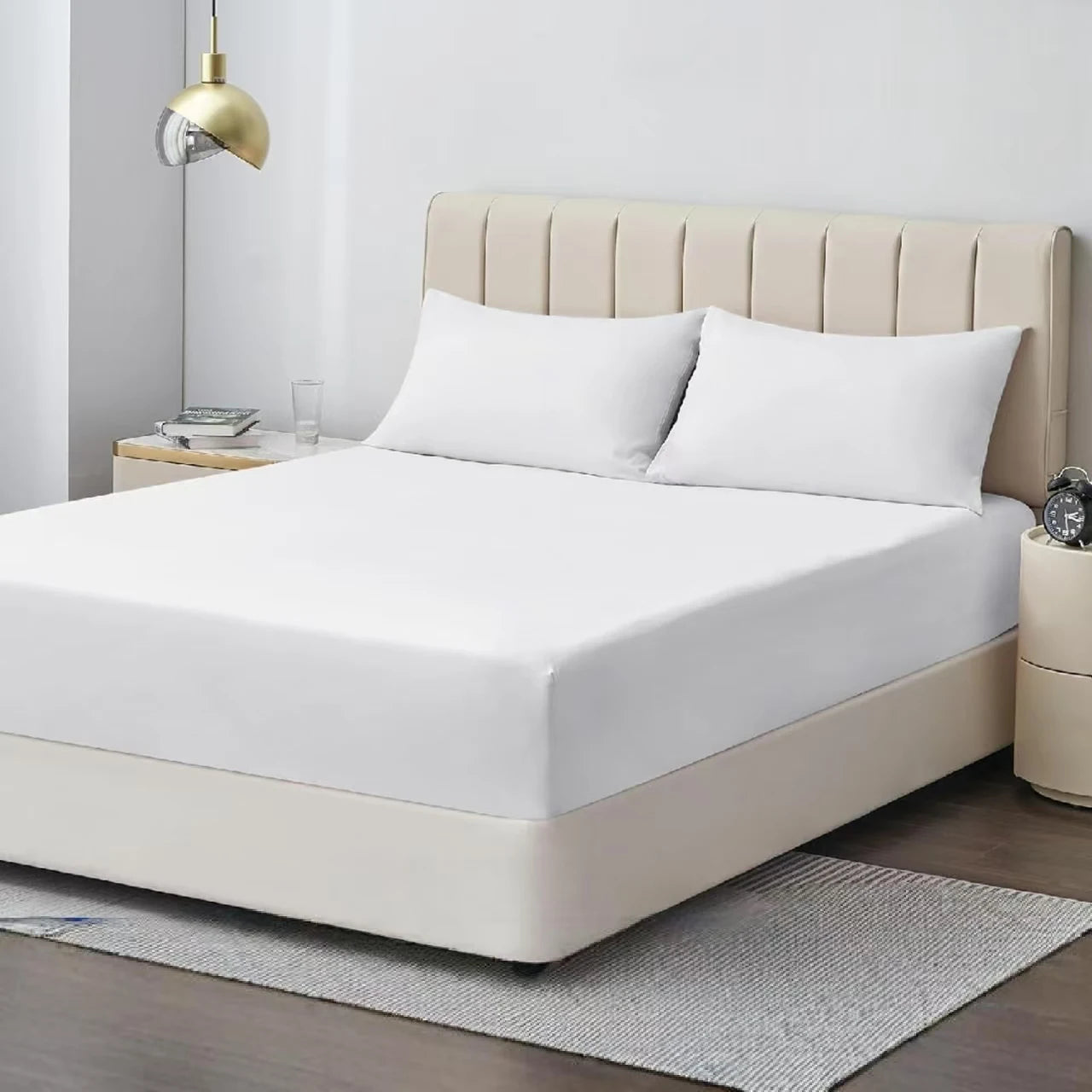King Size Solid Color Bed Sheet Comfortable Smooth Anti-Static 600 TC Egyptian Cotton Fitted Sheet with 16-Inch Deep Pocket