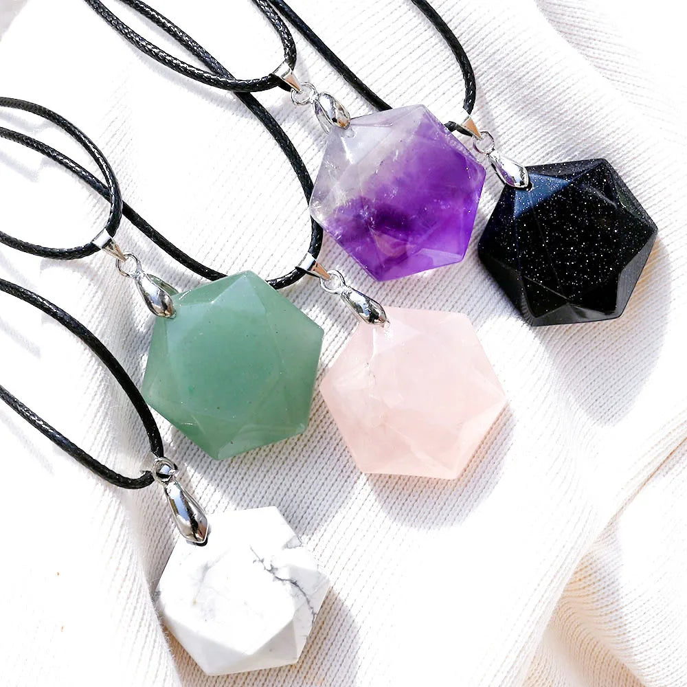Natural Gemstone Necklace Pendant Obsidian Howlite Rose Quartz Lapis Lazuli Gold Wired Hexagon Shape Fashion Healing Pendant
