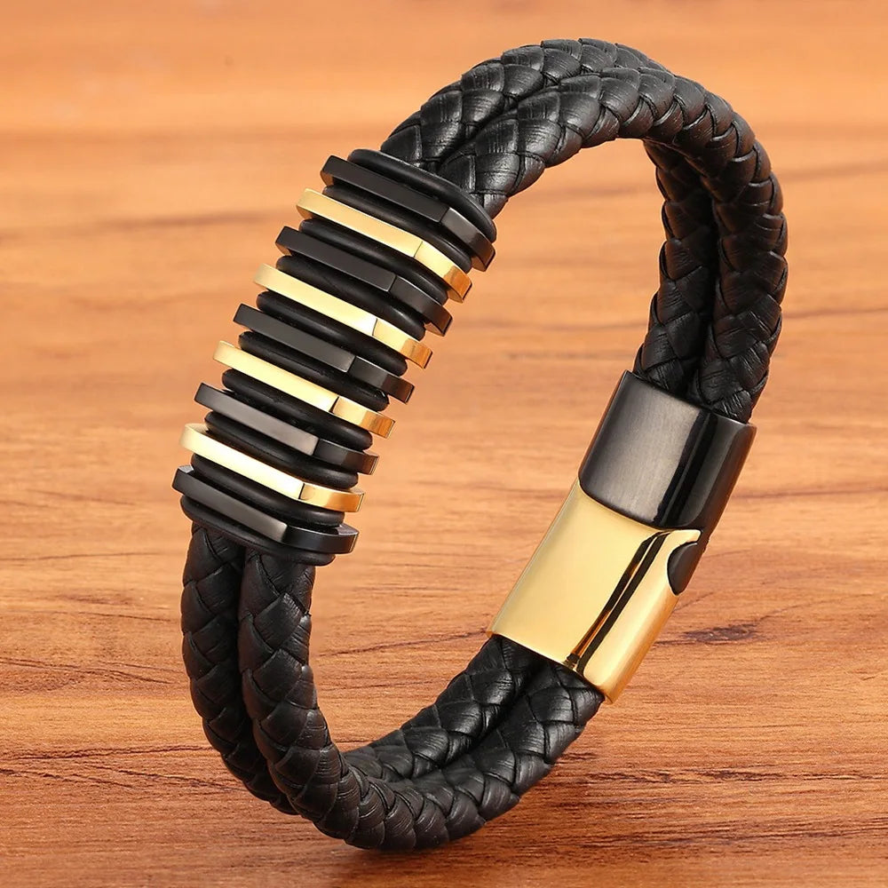 Unisex Elegant Braided Genuine Leather Cord Bracelets Color Mixing Stainless Steel Magnetic Buckle Men Fashion Bead Accessories