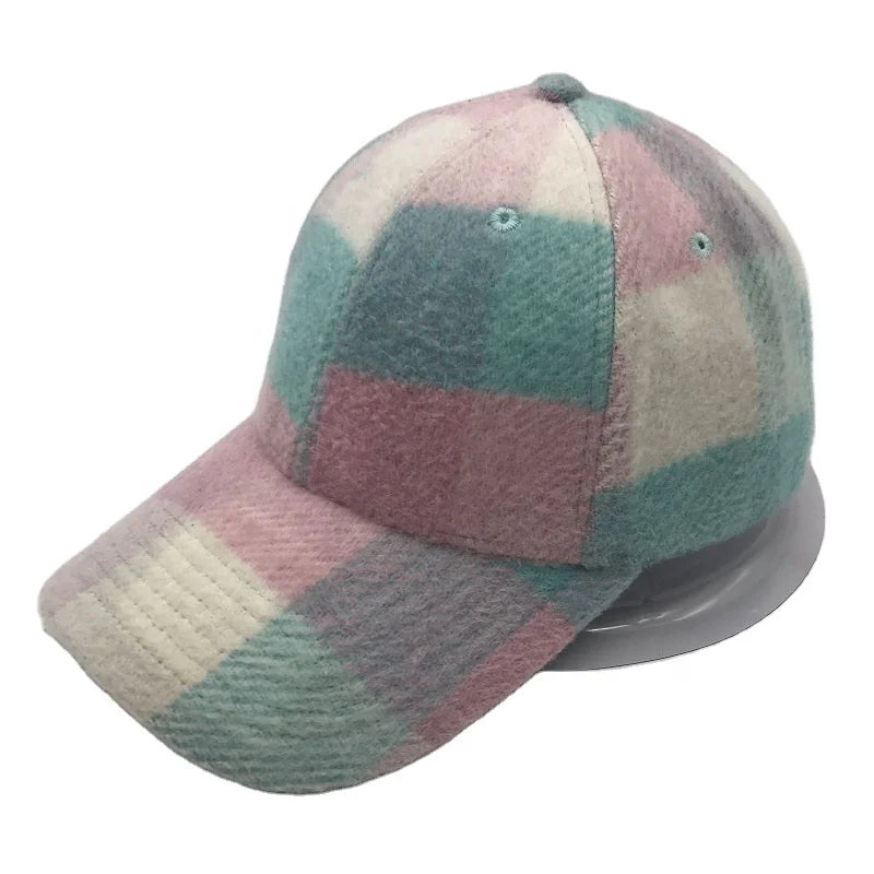 Adjustable Metal Buckle Curved Brim 6-Panel Unstructured Dad Hat Custom Tweed Wool Caps Common Street Style Checkered Pattern 3D