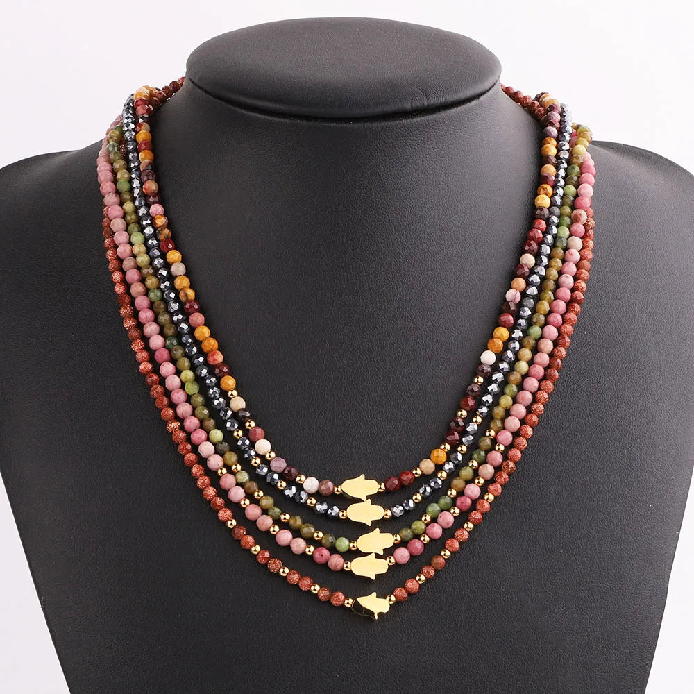 New Design Elegant Small Faceted Gemstone Stainless Steel Hamsa Hand Charm Choker Necklace for Women