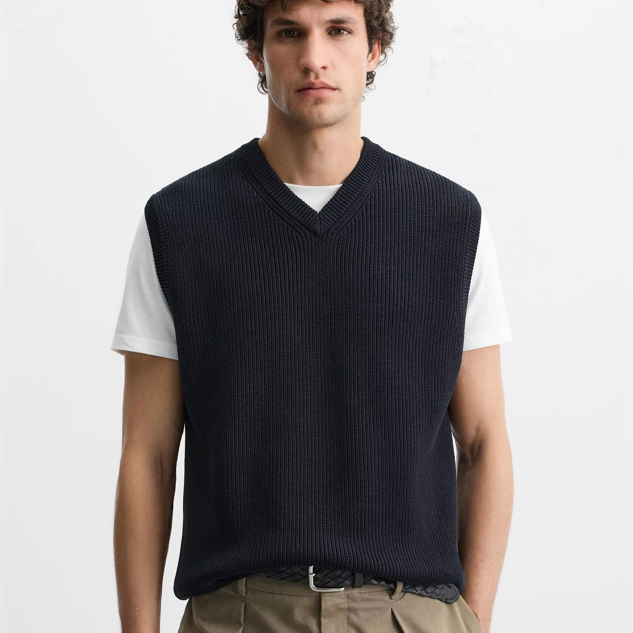 Custom Design Logo Fashionable Ribbed Cotton Knit Pullover Top  Knitwear  Golf Men Knitted Sweater Vest