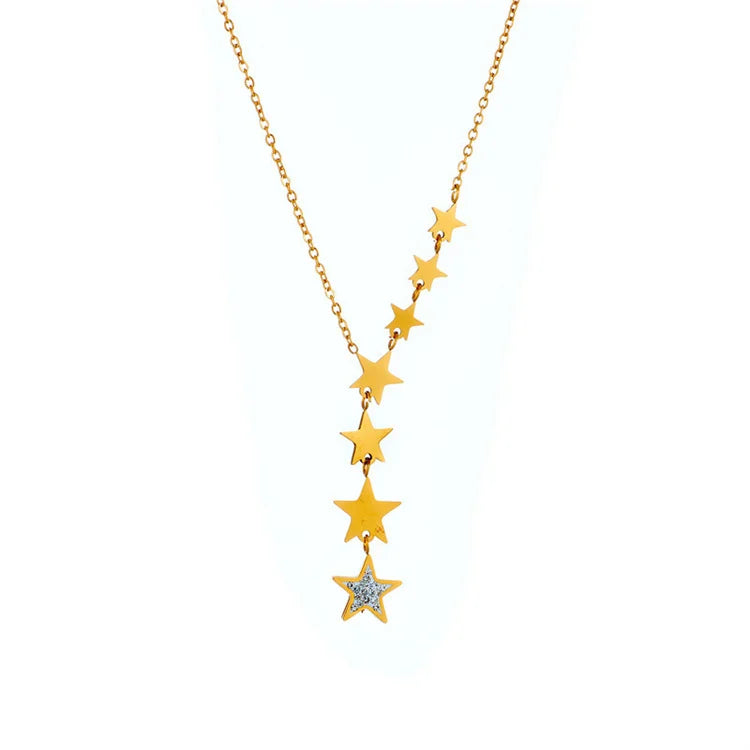 Wholesale No Fade French Luxury Simple Stainless Steel Tassel Necklace Diamond Star Shaped Pendant Necklace