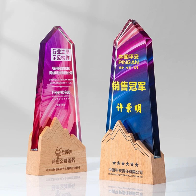Custom Wooden Base Color Print Crystal Trophies Obelisk Shape Glass Trophy Award Plaque Souvenirs