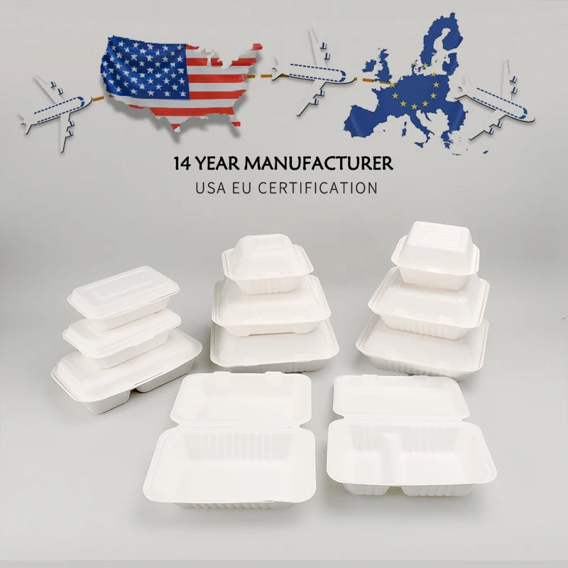 Compostable Disposable Paper Sugarcane Bagasse Lunch Box to Go Fast Food Packaging Hinged Clamshell Food Containers Burger
